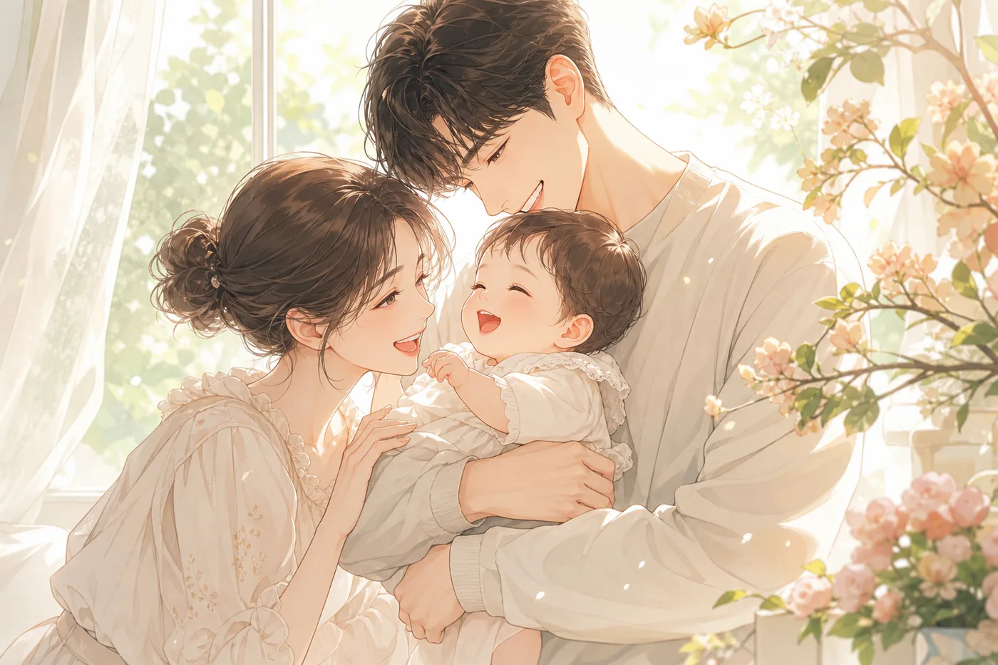 따뜻한 햇살 속 가족 일러스트
