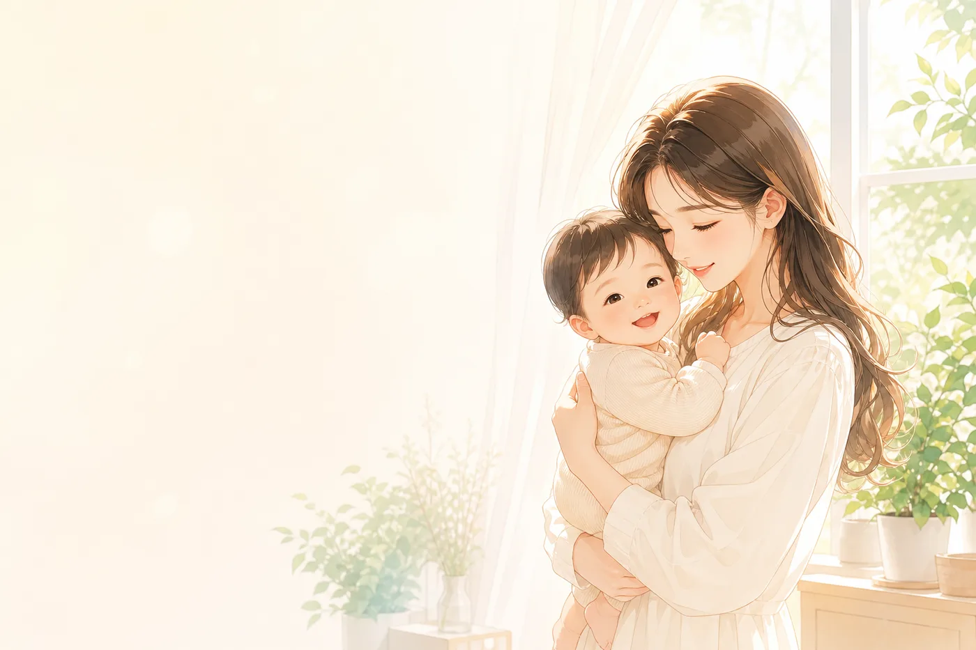 창가에서 아이를 안고 있는 엄마 일러스트