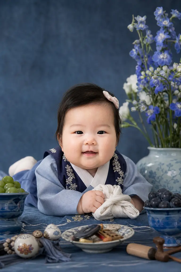 모던 블루 한지 돌상
