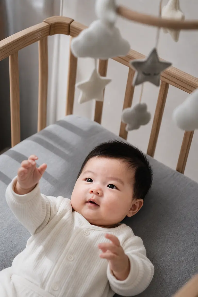 원목 아기침대 모빌 바라보기