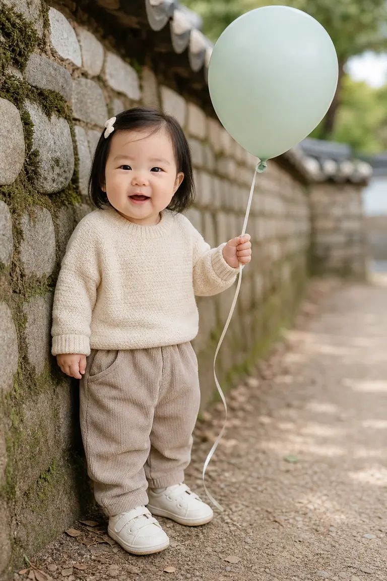 돌담 옆 풍선 들고 서기