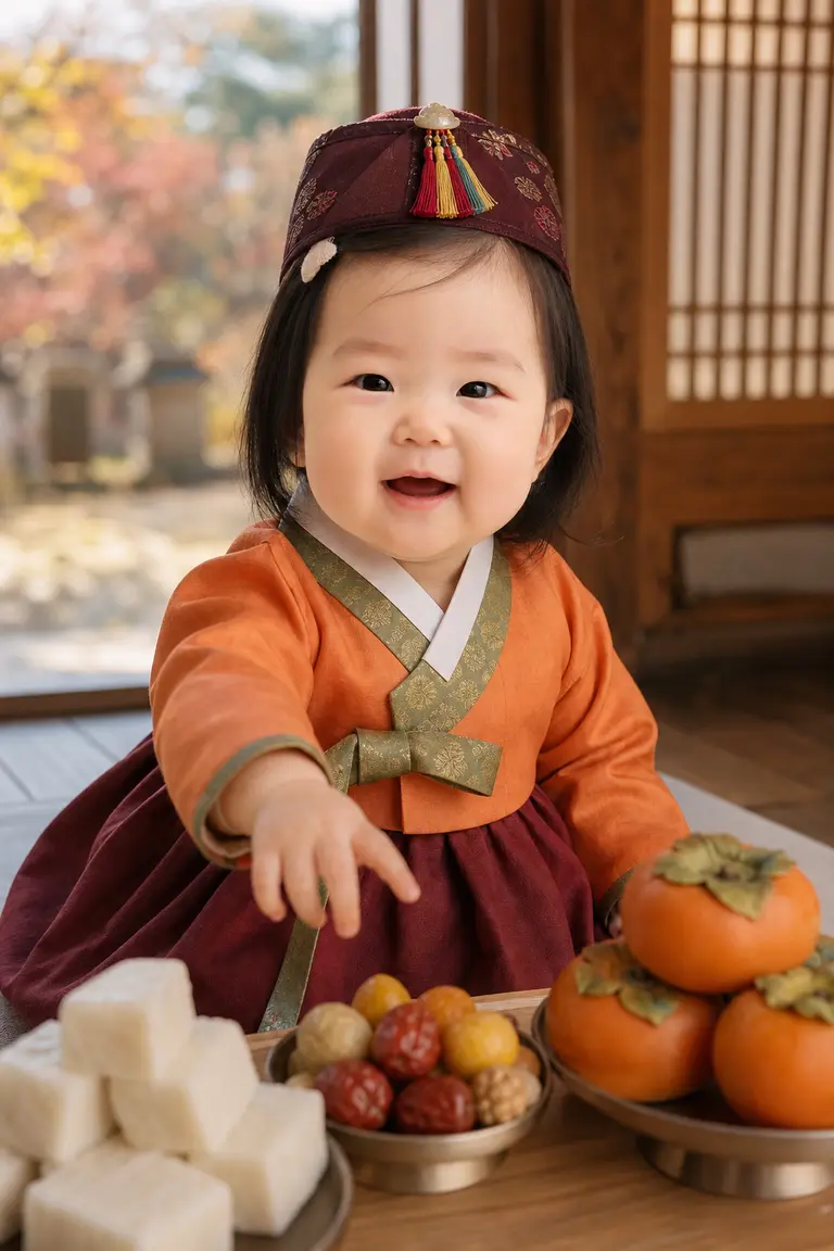 한옥 마루 감 한복 돌상