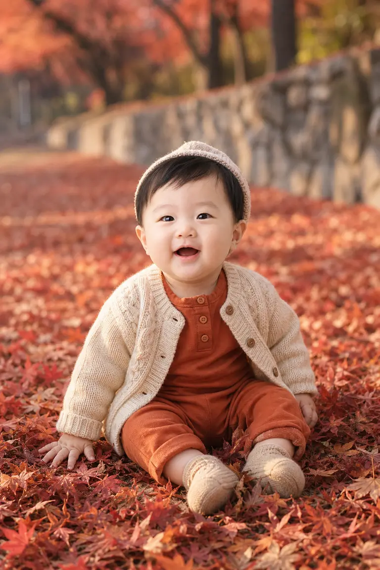 단풍 낙엽 양탄자 위 돌 풀샷