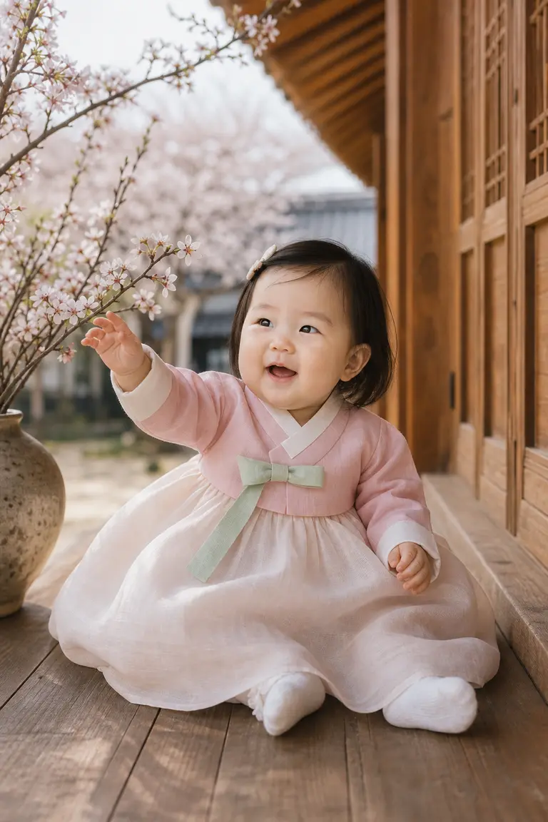 봄 한옥 벚꽃 돌한복