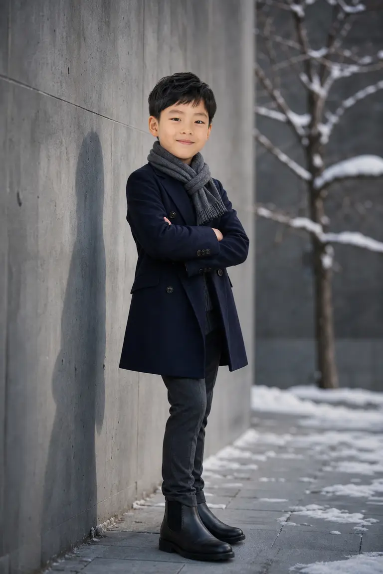 네이비 코트 팔짱 에디토리얼
