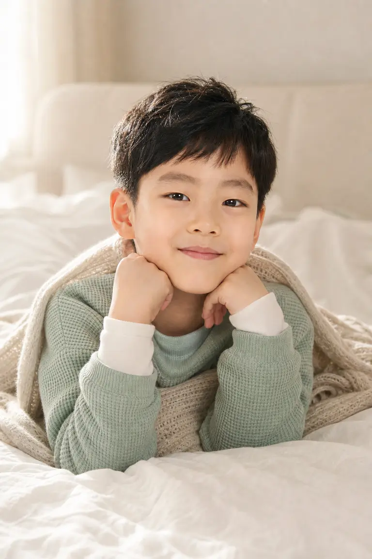 겨울 아침 침대 위 캔디드