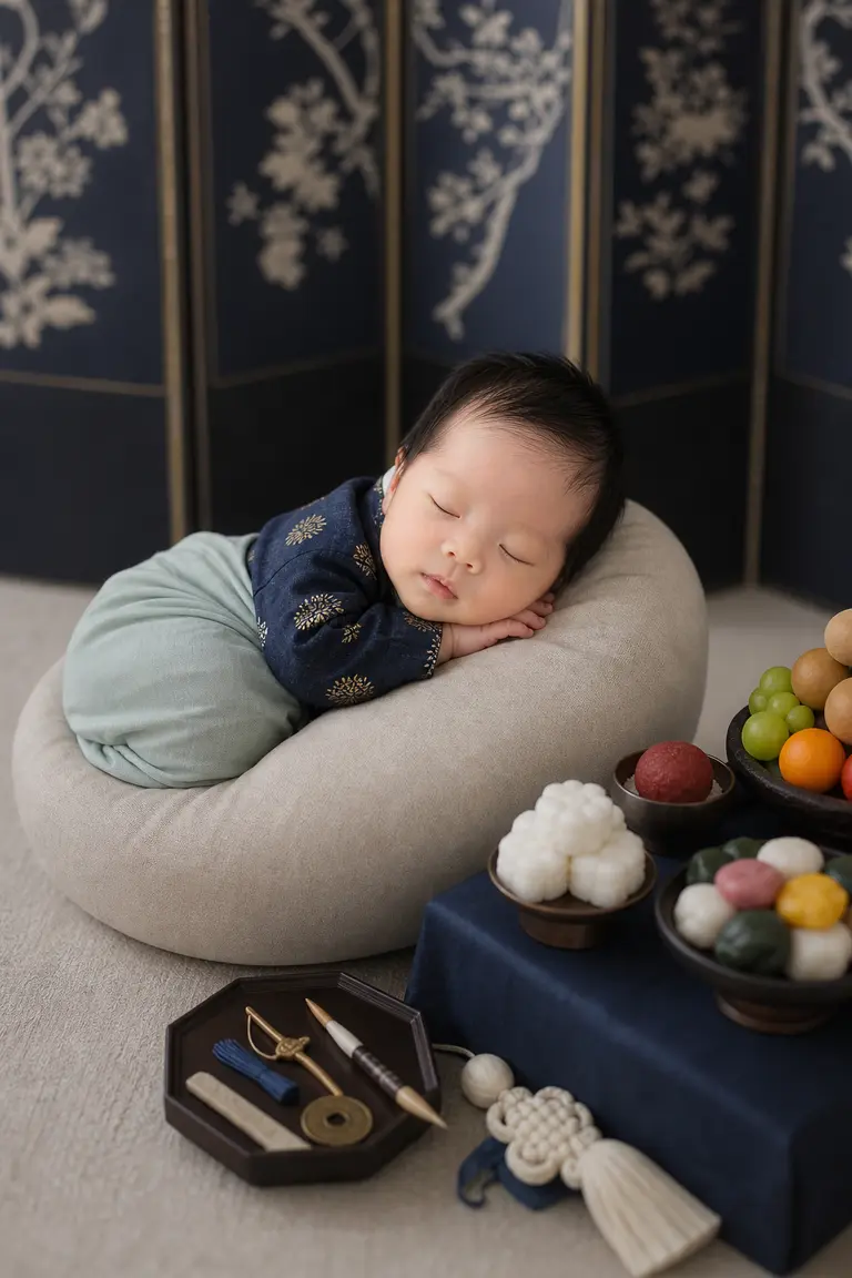 블루 한복 돌상 남자아기 프로필