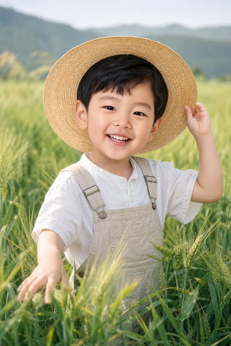 청보리밭 밀짚모자