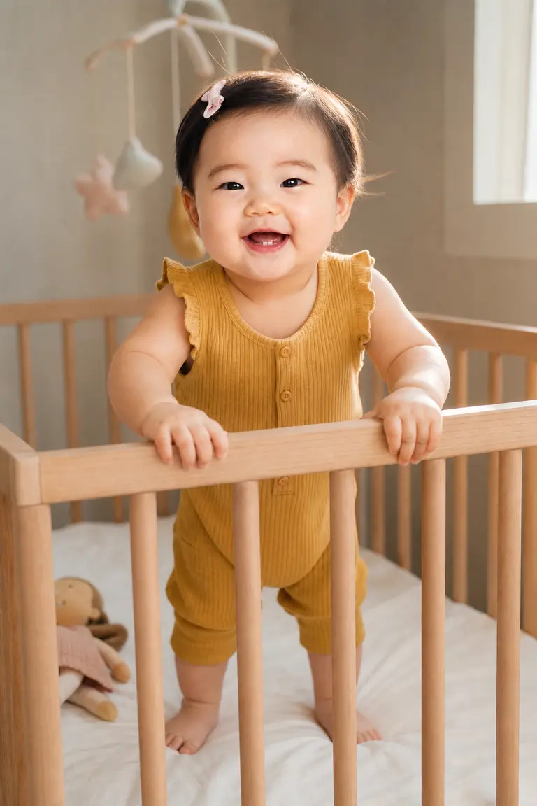 아침 아기침대 잡고 서기