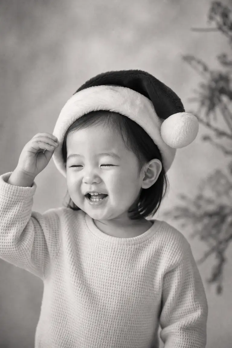 흑백으로 담은 산타모자 웃음