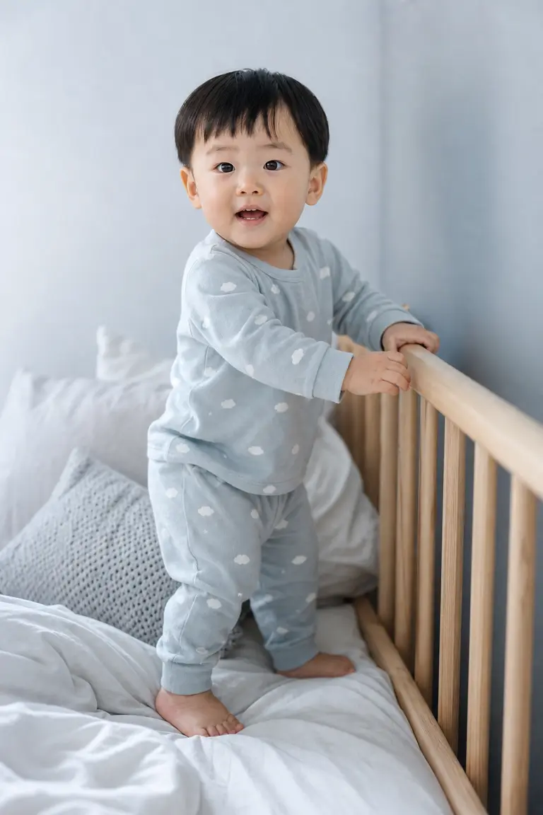 푸른 아침 침대 위 서기