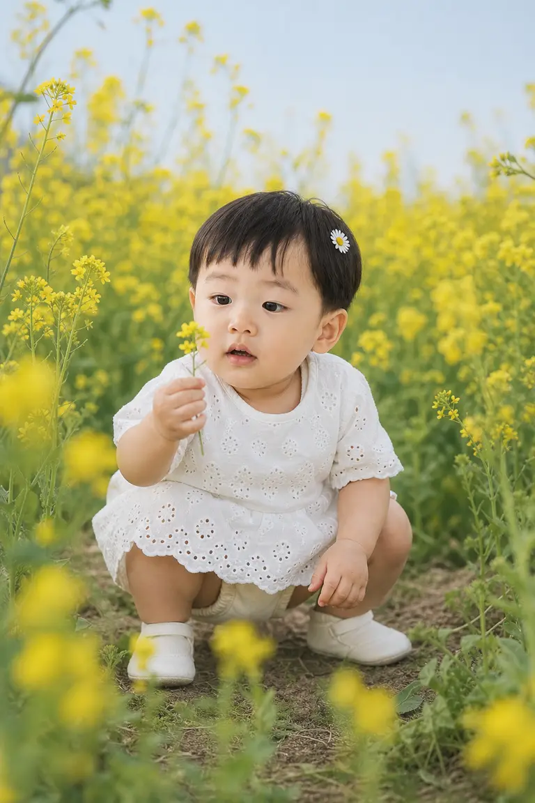 유채꽃밭 쪼그려 앉기