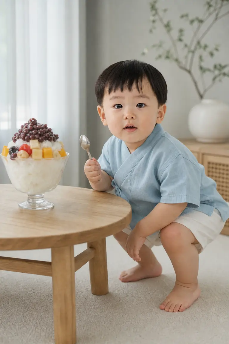 빙수 앞 쪼그려 앉기