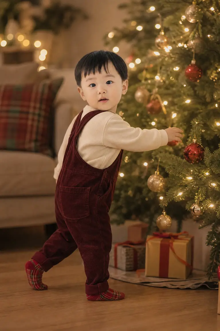 크리스마스 트리 옆 걸음마